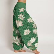 Buddha Stones Lotus Leaf Pattern Women's Elastic Waist Harem Pants