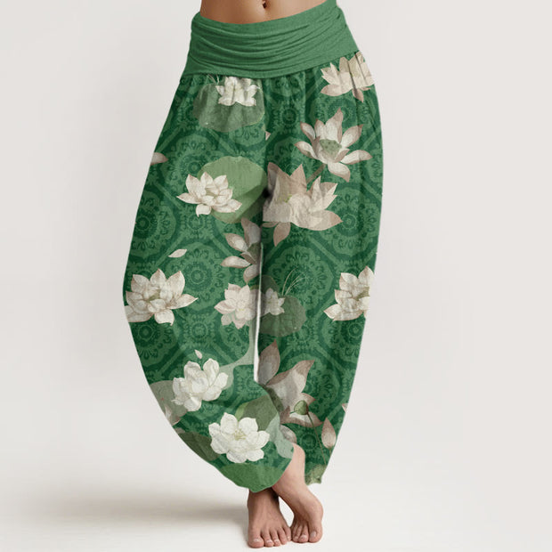 Buddha Stones Lotus Leaf Pattern Women's Elastic Waist Harem Pants Women's Harem Pants BS SeaGreen US22，UK/AU26，EU54 (6XL)