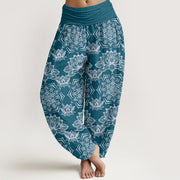 Buddha Stones Casual Lotus Mandala Pattern Women's Elastic Waist Harem Pants Women's Harem Pants BS SteelBlue US22，UK/AU26，EU54 (6XL)