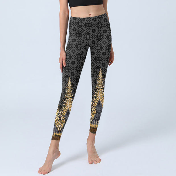 Buddha Stones Dark Gray Geometric Gold Feather Print Gym Leggings Women's Yoga Pants