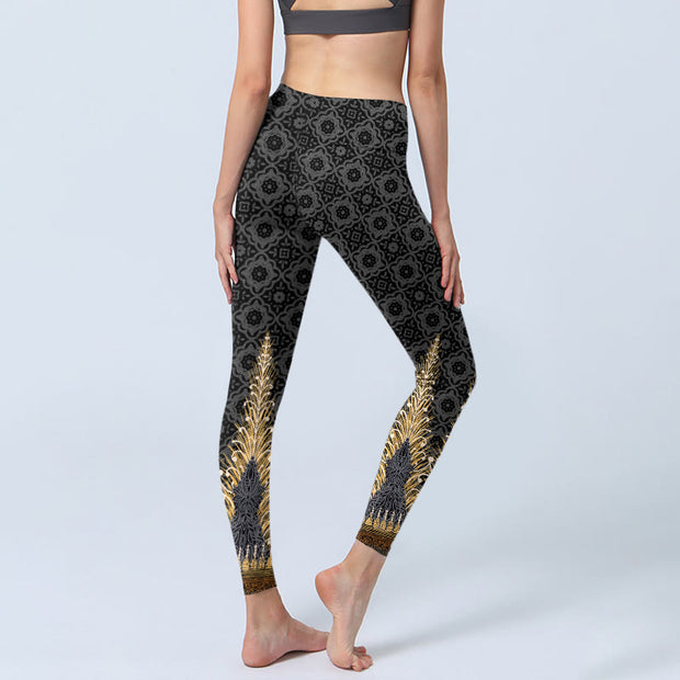 Buddha Stones Dark Gray Geometric Gold Feather Print Gym Leggings Women's Yoga Pants