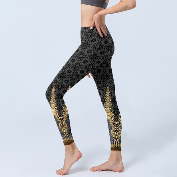 Buddha Stones Dark Gray Geometric Gold Feather Print Gym Leggings Women's Yoga Pants - image 3