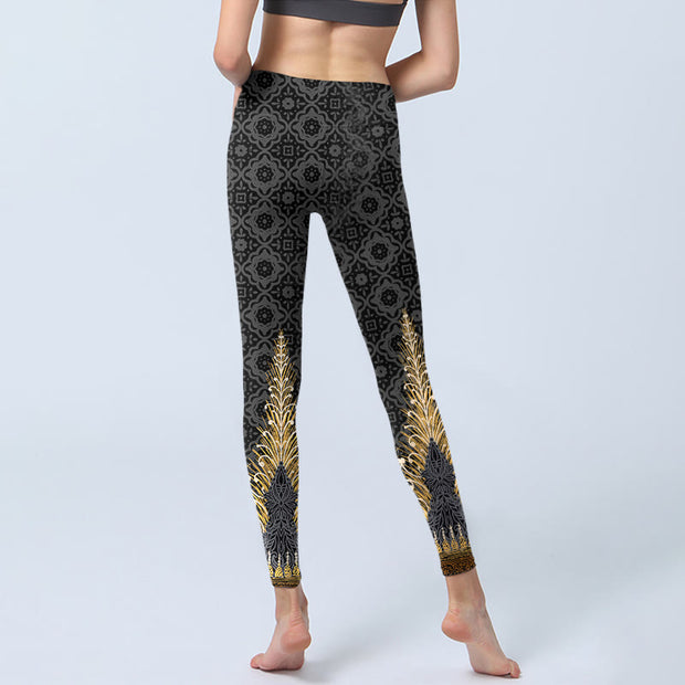 Buddha Stones Dark Gray Geometric Gold Feather Print Gym Leggings Women's Yoga Pants - image 7