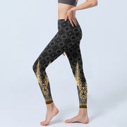 Buddha Stones Dark Gray Geometric Gold Feather Print Gym Leggings Women's Yoga Pants