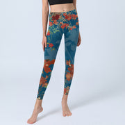 Buddha Stones Blue Red Flowers Birds Print Gym Leggings Women's Yoga Pants - image 6