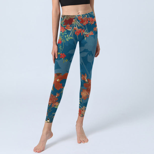 Buddha Stones Blue Red Flowers Birds Print Gym Leggings Women's Yoga Pants - image 6