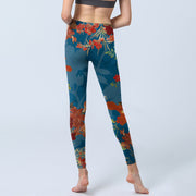 Buddha Stones Blue Red Flowers Birds Print Gym Leggings Women's Yoga Pants