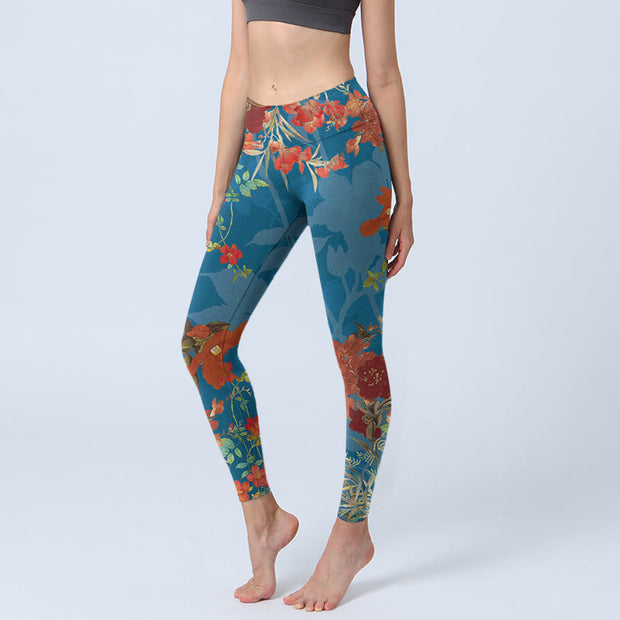 Buddha Stones Blue Red Flowers Birds Print Gym Leggings Women's Yoga Pants