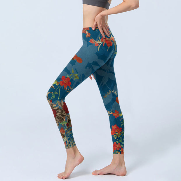 Buddha Stones Blue Red Flowers Birds Print Gym Leggings Women's Yoga Pants - image 3