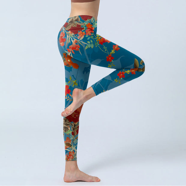 Buddha Stones Blue Red Flowers Birds Print Gym Leggings Women's Yoga Pants - image 4