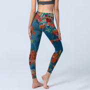 Buddha Stones Blue Red Flowers Birds Print Gym Leggings Women's Yoga Pants