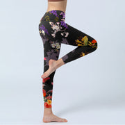 Buddha Stones Black Colorful Flowers Print Gym Leggings Women's Yoga Pants