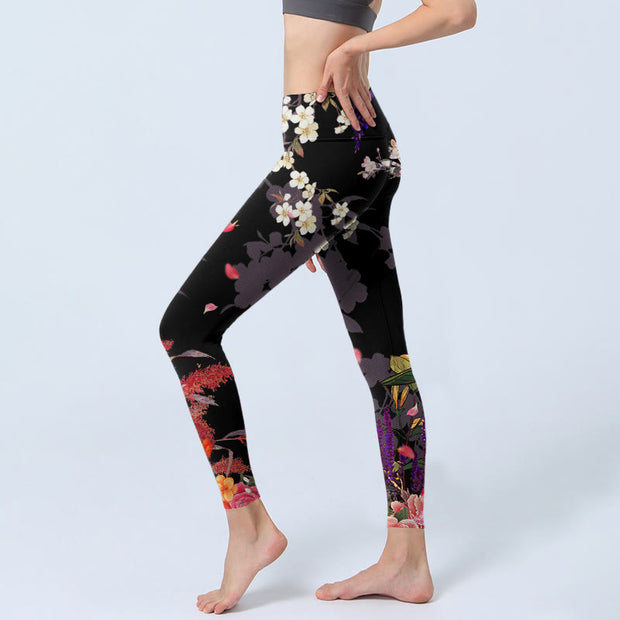 Buddha Stones Black Colorful Flowers Print Gym Leggings Women's Yoga Pants - image 3