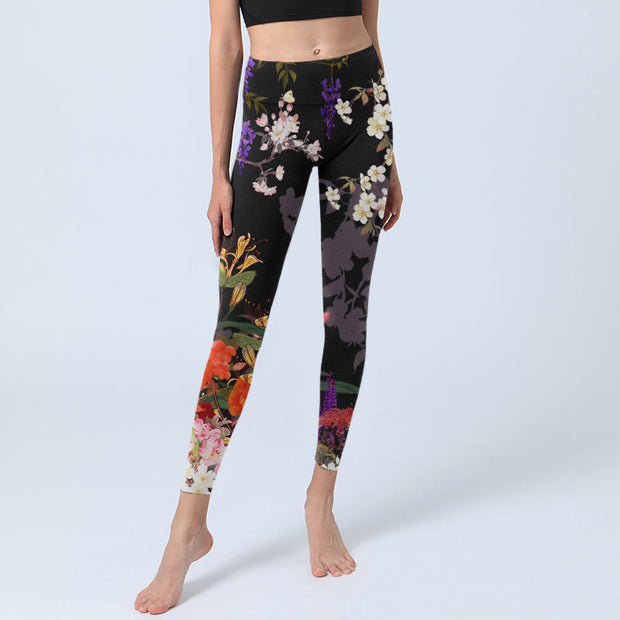 Buddha Stones Black Colorful Flowers Print Gym Leggings Women's Yoga Pants