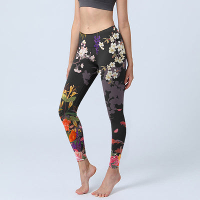 Buddha Stones Black Colorful Flowers Print Gym Leggings Women's Yoga Pants