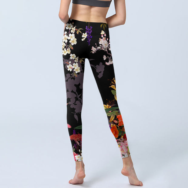 Buddha Stones Black Colorful Flowers Print Gym Leggings Women's Yoga Pants