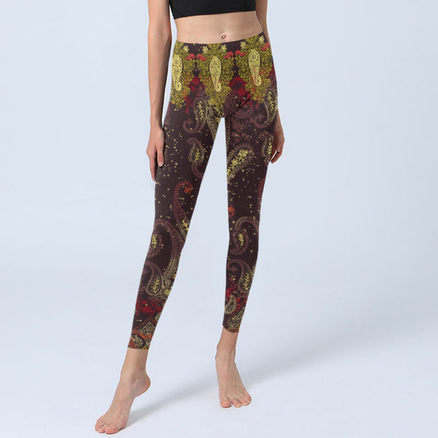 Buddha Stones Reddish-brown Cashew Flower Vines Print Gym Leggings Women's Yoga Pants - image 6