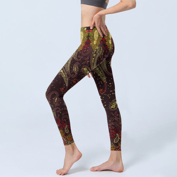 Buddha Stones Reddish-brown Cashew Flower Vines Print Gym Leggings Women's Yoga Pants - image 3