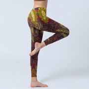 Buddha Stones Reddish-brown Cashew Flower Vines Print Gym Leggings Women's Yoga Pants