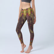 Buddha Stones Reddish-brown Cashew Flower Vines Print Gym Leggings Women's Yoga Pants