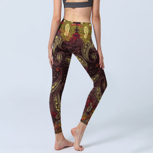 Buddha Stones Reddish-brown Cashew Flower Vines Print Gym Leggings Women's Yoga Pants