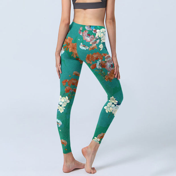 Buddha Stones Green Orange Beige Floral Print Gym Leggings Women's Yoga Pants - image 5