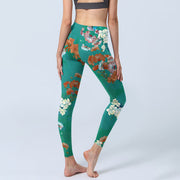 Buddha Stones Green Orange Beige Floral Print Gym Leggings Women's Yoga Pants