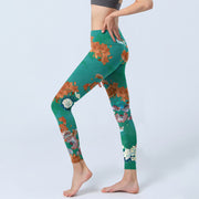 Buddha Stones Green Orange Beige Floral Print Gym Leggings Women's Yoga Pants - image 3