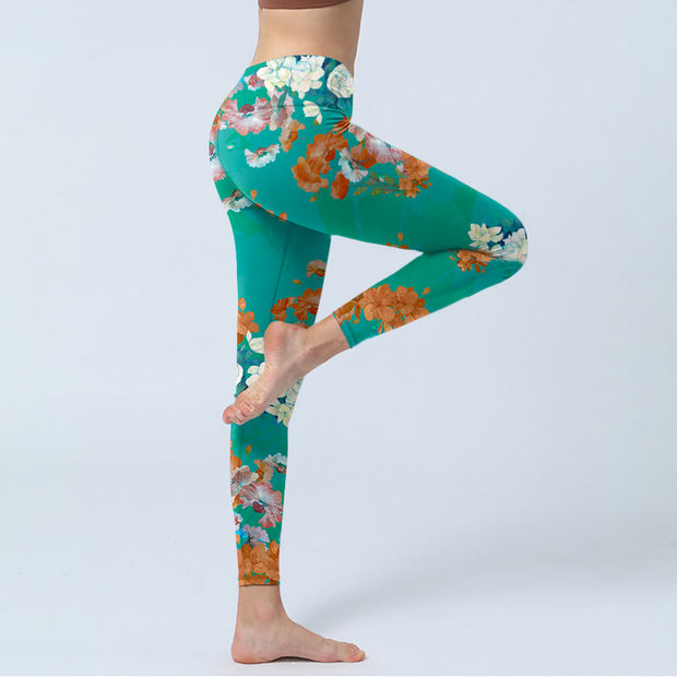 Buddha Stones Green Orange Beige Floral Print Gym Leggings Women's Yoga Pants