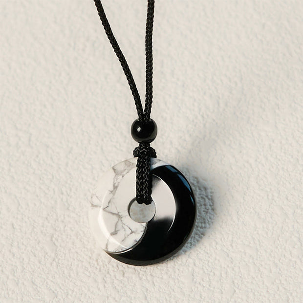 FREE Today: Purification Strength Natural Black Obsidian White Turquoise Yin Yang Peace Buckle Design Braided String Necklace Pendant