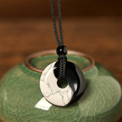 FREE Today: Purification Strength Natural Black Obsidian White Turquoise Yin Yang Peace Buckle Design Braided String Necklace Pendant