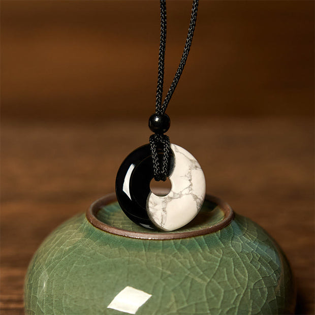 FREE Today: Purification Strength Natural Black Obsidian White Turquoise Yin Yang Peace Buckle Design Braided String Necklace Pendant