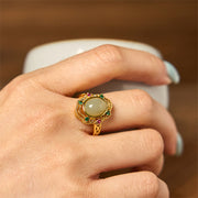 Buddha Stones Natural Hetian Jade Egg Hollow Pattern Copper Open Luck Ring