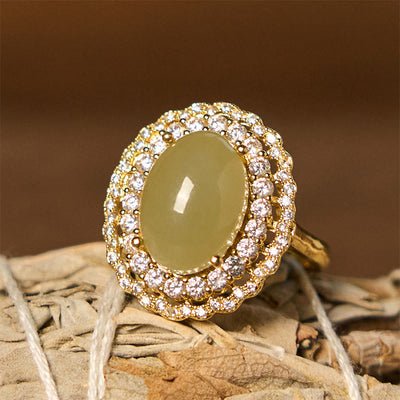 FREE Today: Luck and Abundance Natural Hetian Jade Egg Hollow Double Circle Zirconia Copper Adjustable Ring FREE FREE Hetian Jade