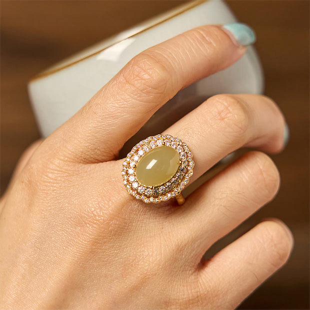 Buddha Stones Natural Hetian Jade Egg Hollow Double Circle Zirconia Copper Open Abundance Ring