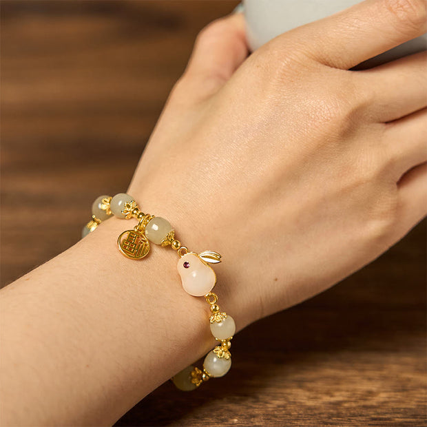 Buddha Stones Natural Hetian Jade Fu Character Fu Brand Rabbit Abundance Bracelet