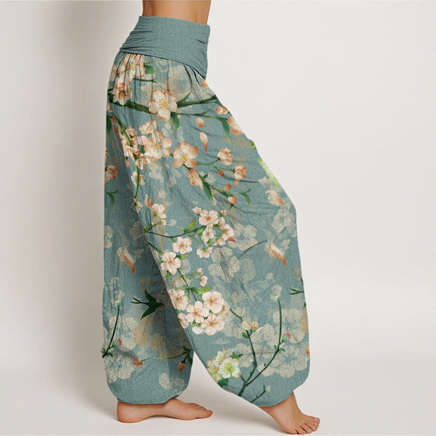 Buddha Stones Peach Blossoms Flying Geese Pattern Women's Elastic Waist Harem Pants