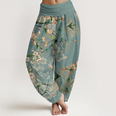 Buddha Stones Peach Blossoms Flying Geese Pattern Women's Elastic Waist Harem Pants