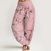 Buddha Stones Peach Blossoms Flying Geese Pattern Women's Elastic Waist Harem Pants