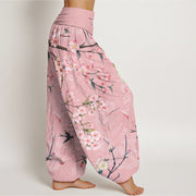 Buddha Stones Peach Blossoms Flying Geese Pattern Women's Elastic Waist Harem Pants