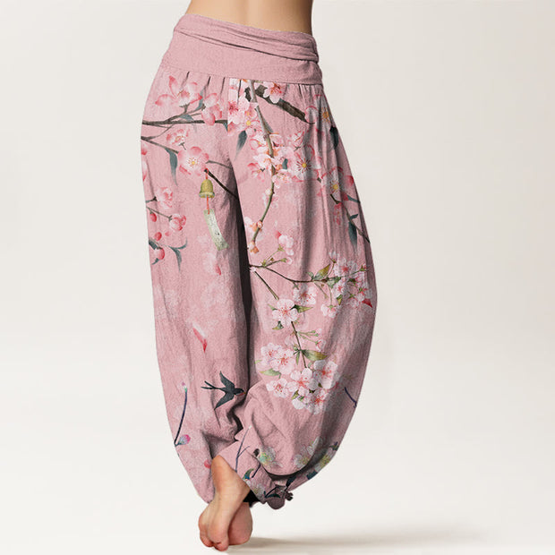 Buddha Stones Peach Blossoms Flying Geese Pattern Women's Elastic Waist Harem Pants