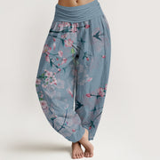 Buddha Stones Peach Blossoms Flying Geese Pattern Women's Elastic Waist Harem Pants