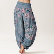 Buddha Stones Peach Blossoms Flying Geese Pattern Women's Elastic Waist Harem Pants