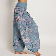 Buddha Stones Peach Blossoms Flying Geese Pattern Women's Elastic Waist Harem Pants