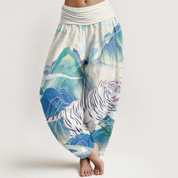 Buddha Stones Casual White Tiger Mountain Waves Women's Elastic Waist Harem Pants