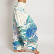 Buddha Stones Casual White Tiger Mountain Waves Women's Elastic Waist Harem Pants