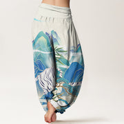 Buddha Stones Casual White Tiger Mountain Waves Women's Elastic Waist Harem Pants