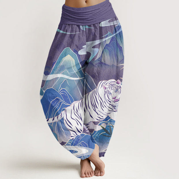 Buddha Stones Casual White Tiger Mountain Waves Women's Elastic Waist Harem Pants