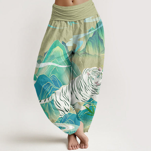 Buddha Stones Casual White Tiger Mountain Waves Women's Elastic Waist Harem Pants