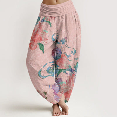 Buddha Stones Casual Bright Peony Flower Grass Women's Elastic Waist Harem Pants